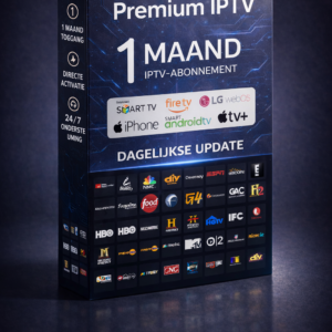 1 Maand IPTV Abonnement Geniet van directe toegang tot duizenden live tv-zenders, films en series in HD, Full HD en 4K. Compatibel met Smart TV’s, Android, iOS, Firestick en meer. Snelle activatie, stabiele streaming en geen langdurige verplichtingen.