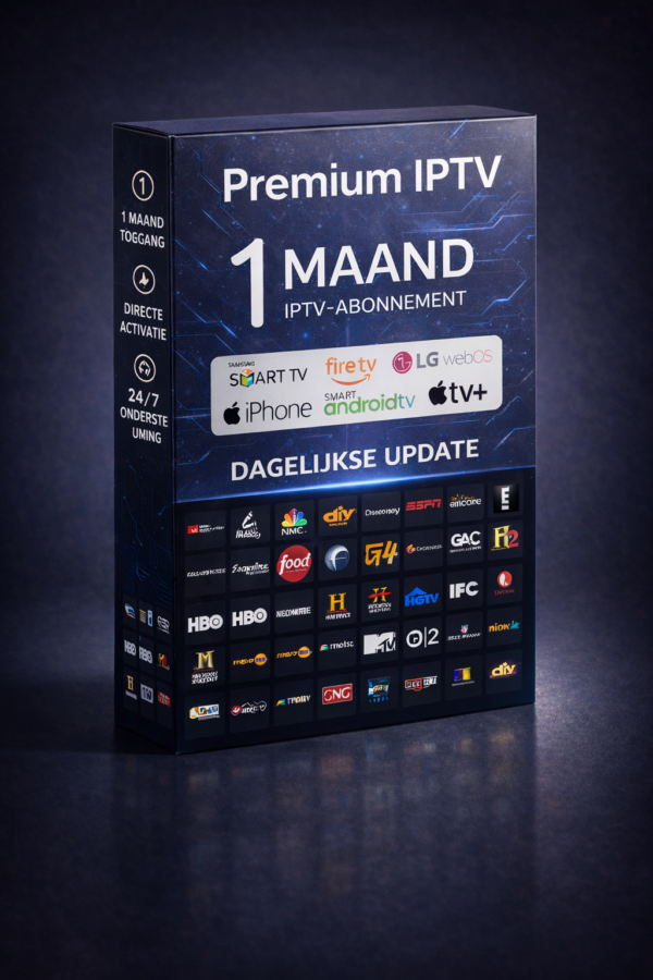 1 Maand IPTV Abonnement Geniet van directe toegang tot duizenden live tv-zenders, films en series in HD, Full HD en 4K. Compatibel met Smart TV’s, Android, iOS, Firestick en meer. Snelle activatie, stabiele streaming en geen langdurige verplichtingen.