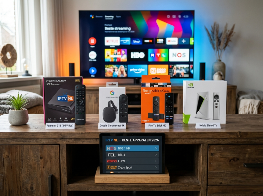 Een selectie van de beste IPTV apparaten voor 2026 in Nederland, inclusief een Android box, Google Chromecast, Fire TV Stick en Nvidia Shield voor IPTV NL streaming.